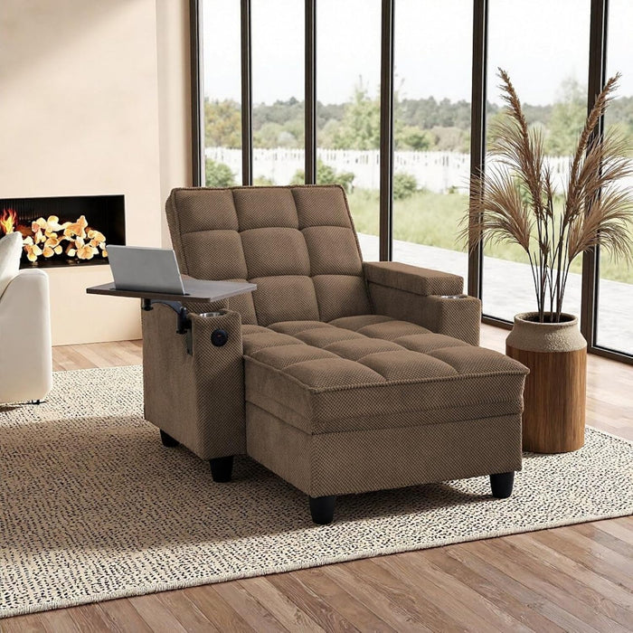 oaaktu Modern Tufted Linen Fabric Chaise Lounge Sofa Chair with Rotating Side Table,Storage,Pillow,USB Charging Ports and Adjustable Backrest Perfect for Living Room, Small Spaces (Coffee)