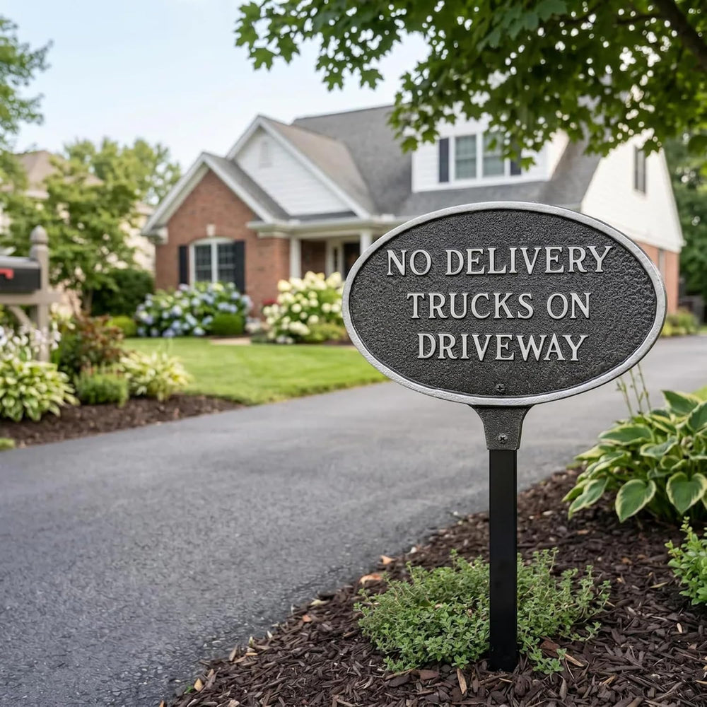 Montague Metal No Delivery Trucks on Driveway Plaque Sign - Wall or Lawn