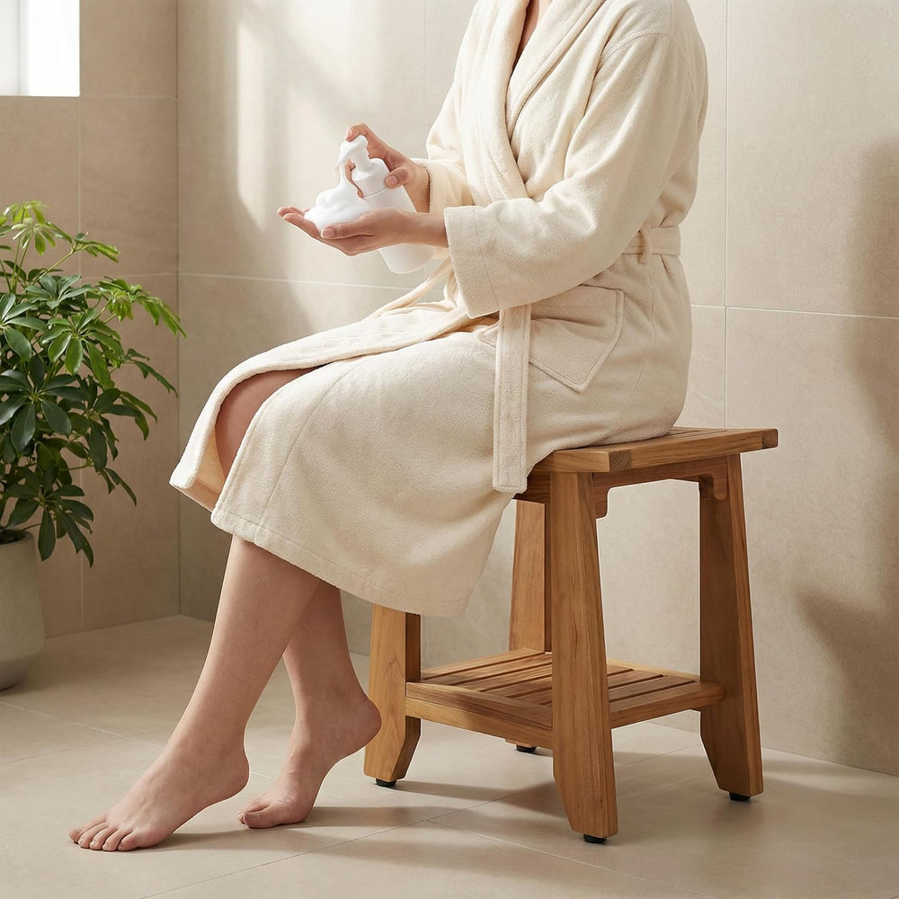 Teak Shower Bench Stool, 14'' Compact Waterproof Wooden Sauna Bath Be...
