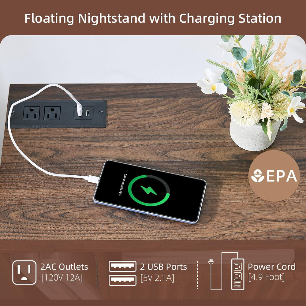BuildHom Floating Nightstand Set of 2 with Charging Station, Walnut | Wall Mo...