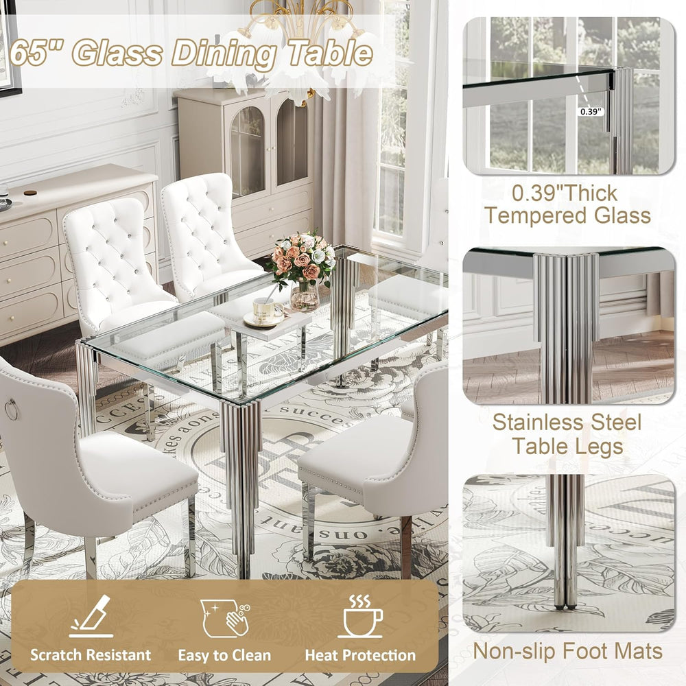 Modern Rectangle Glass Dining Table, 65" Clear Tempered Glass Desktop wi...