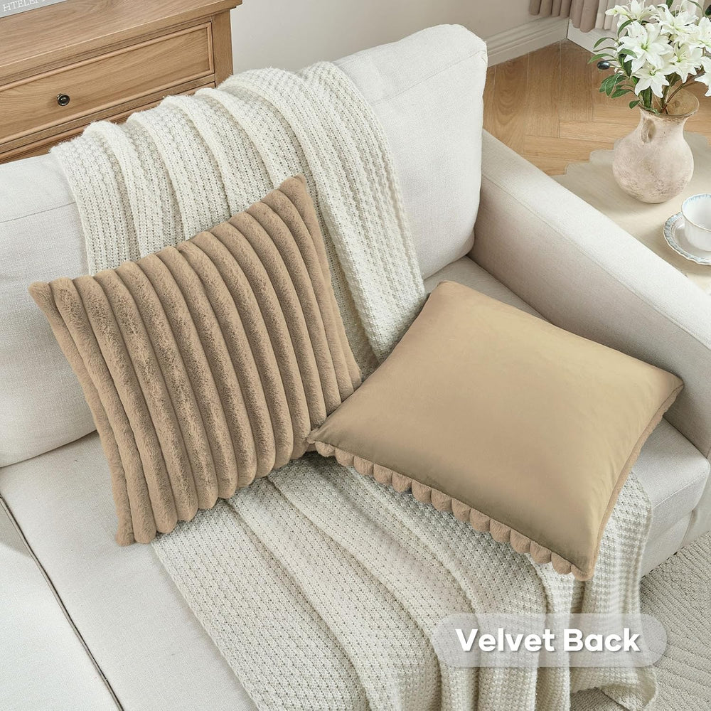 FUTEI Pack of 2 Faux Fur Throw Pillow Covers 28x28 Inch, Khaki
