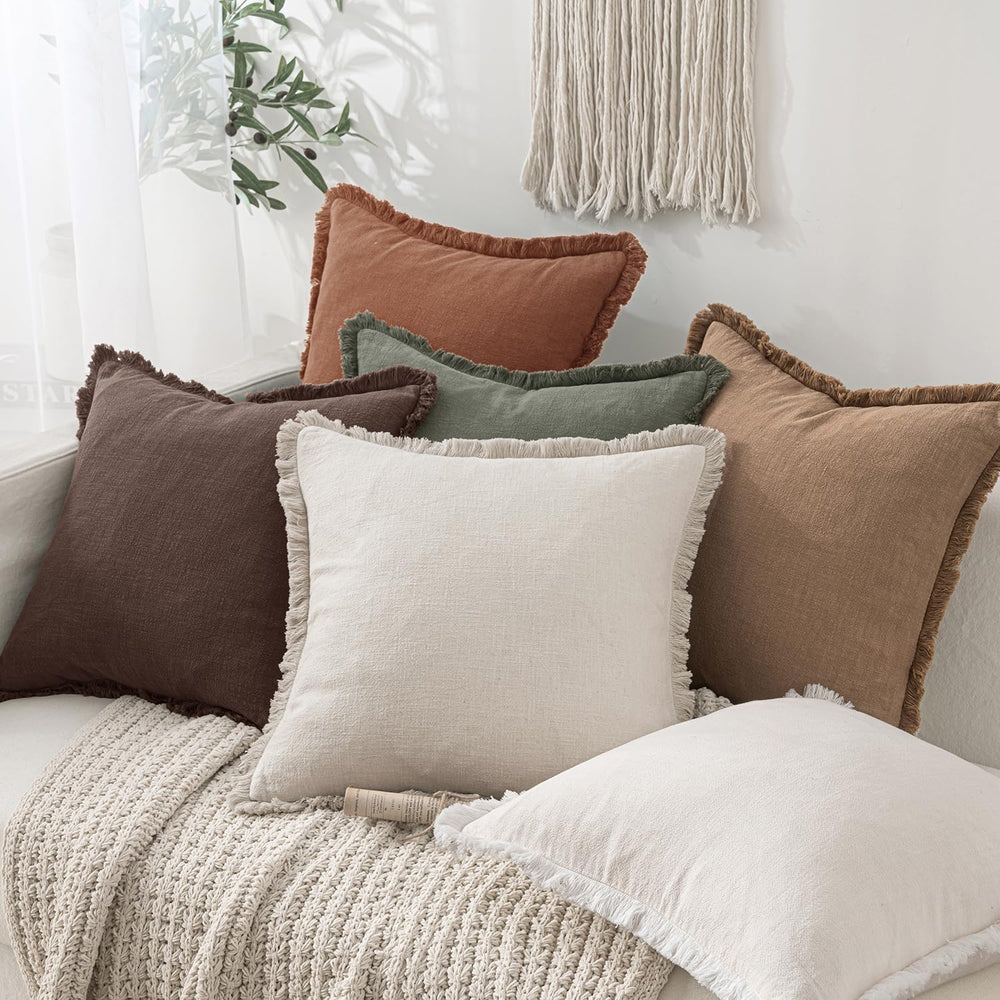 MIULEE Linen Fringe Decorative Fall Throw Pillow Covers Dark Brown 18x18