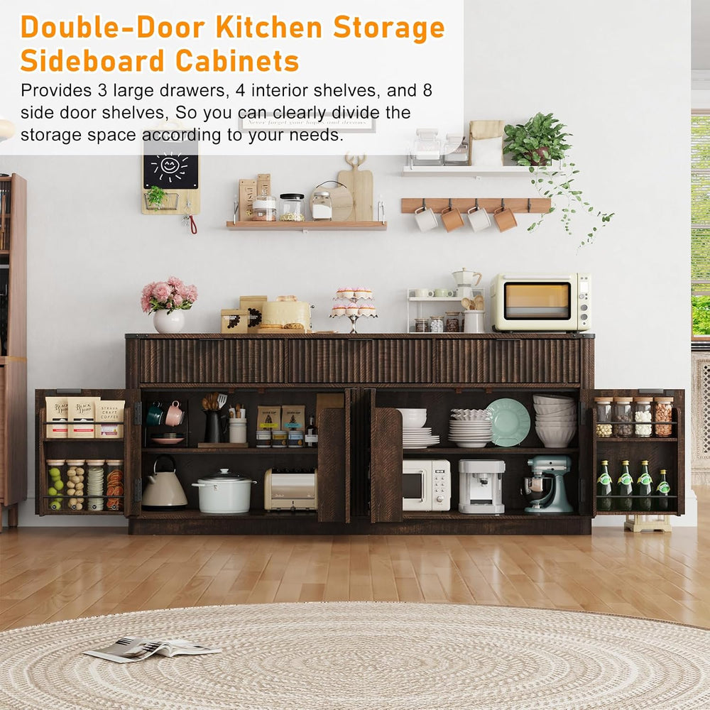 70” Rounded Edge Large Sideboard Buffet Cabinet with 3 Storage Drawers,Farmho...