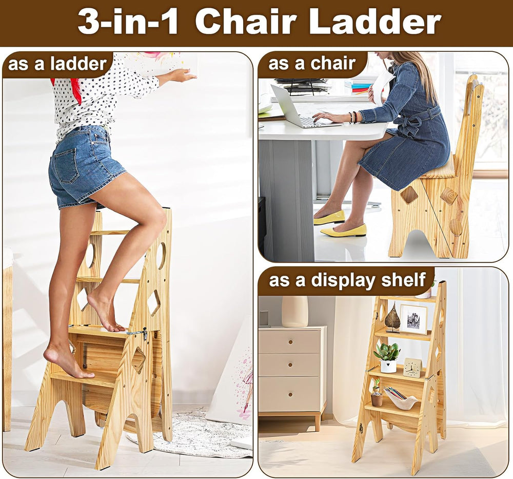 4 Step Foot Stool Chair 3 in 1 Wooden Library Ladder Solid Folding Portable W...