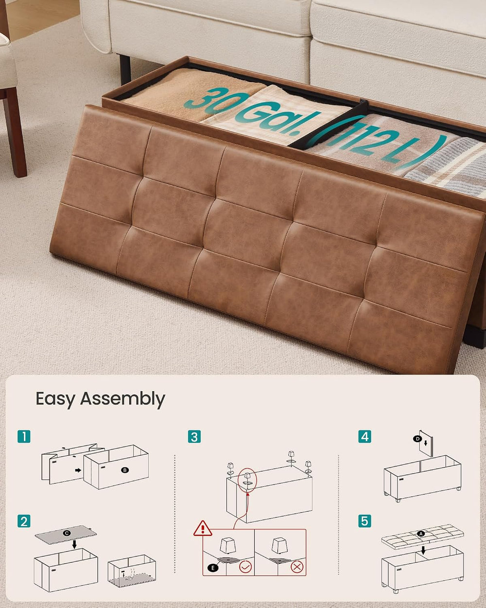 SONGMICS Storage Ottoman Bench with Legs, Flipping Lid, 43.3 Inches | Folding...