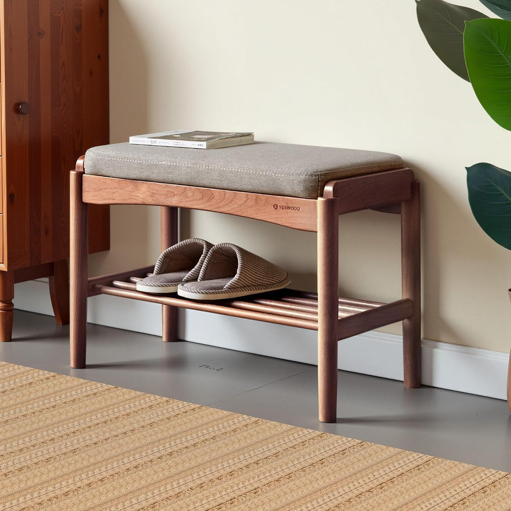 Solid Wood Shoe Bench, 24 Inch Entryway Bench with Gray Cushion | Rich walnut...
