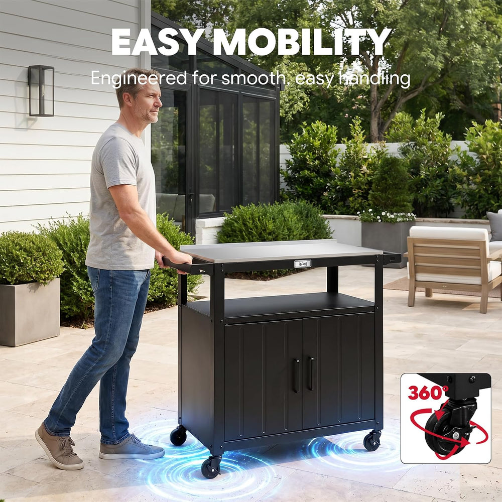 Feasto Outdoor Grill Cart w/Storage Cabinet, Stainless Steel Top, Black