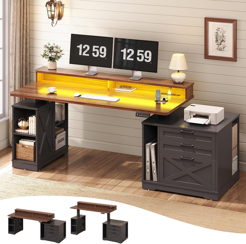 SEDETA Farmhouse Electric Standing Desk with 3 Drawers and File Cabinet