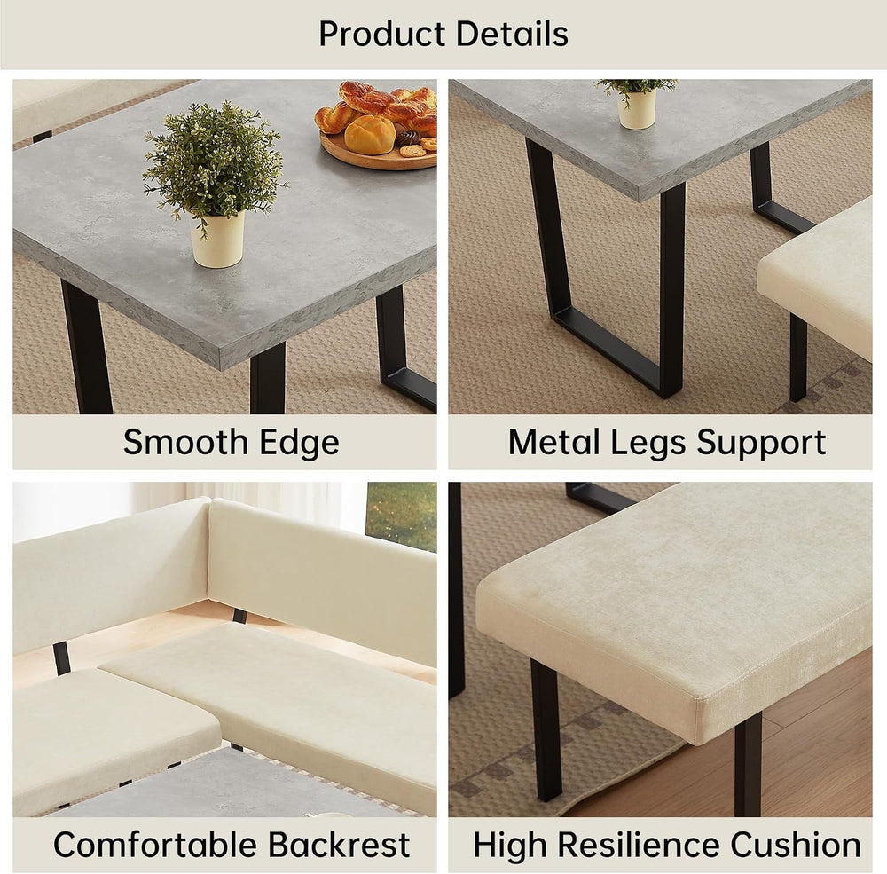HIPIHOM 3-Piece Dining Table Set with Bench, Grey Table with Beige Bench | Th...