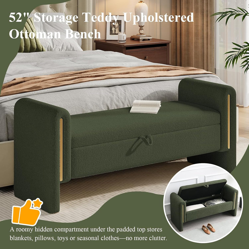 52" Storage Ottoman Bench, Teddy Upholstered End of Bed Bench with Pull-...
