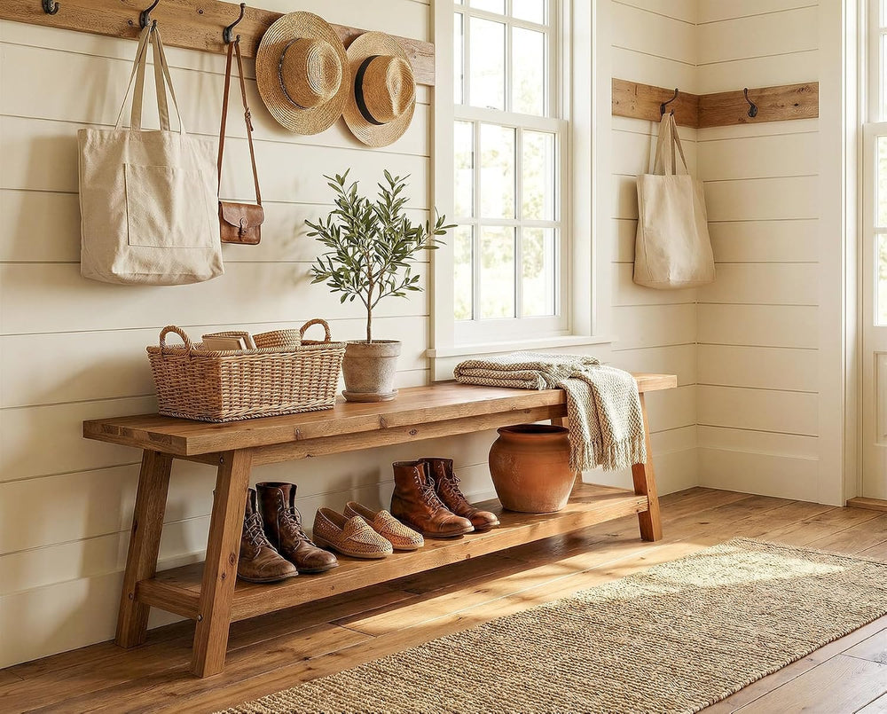 Solid Wood Entryway Bench with Shoe Storage Shelf, 62.99" Long Rustic Ha...