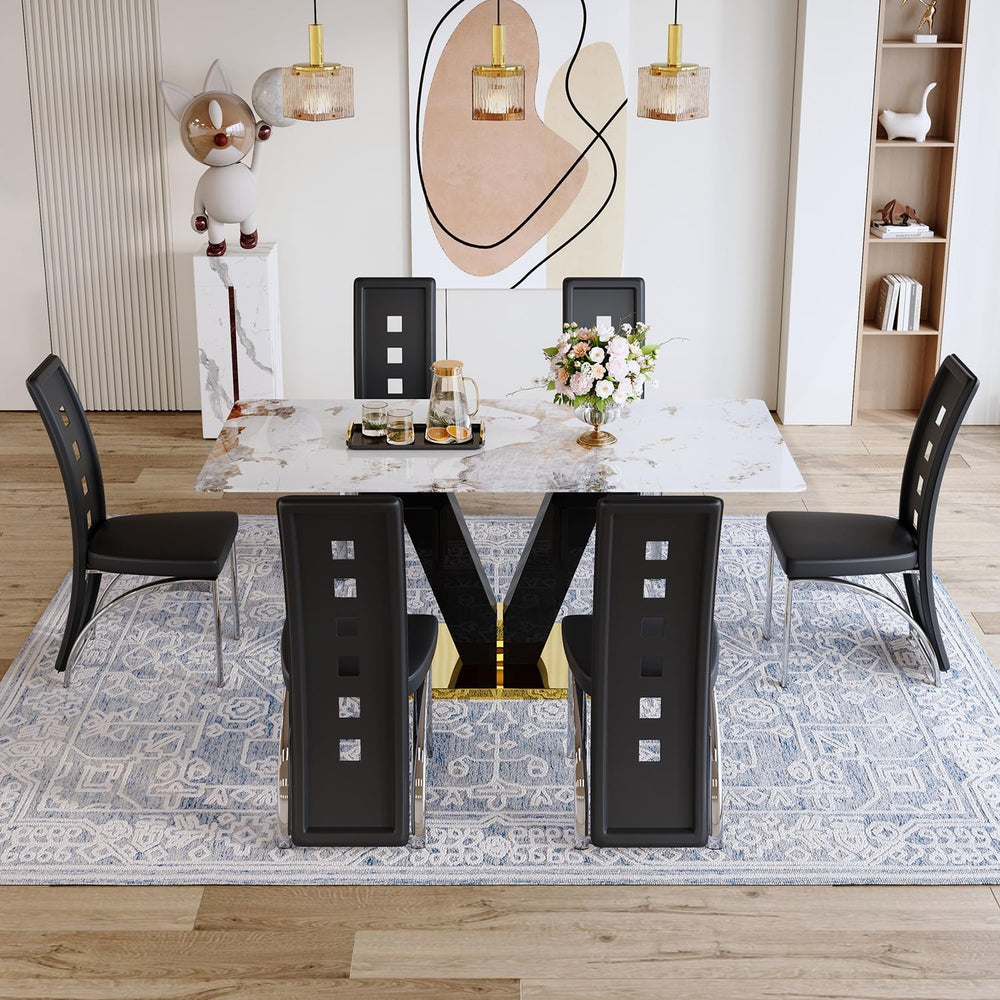 71'' Dining Table Set for 6,Modern Dining Room Table Set for 6,Marble...