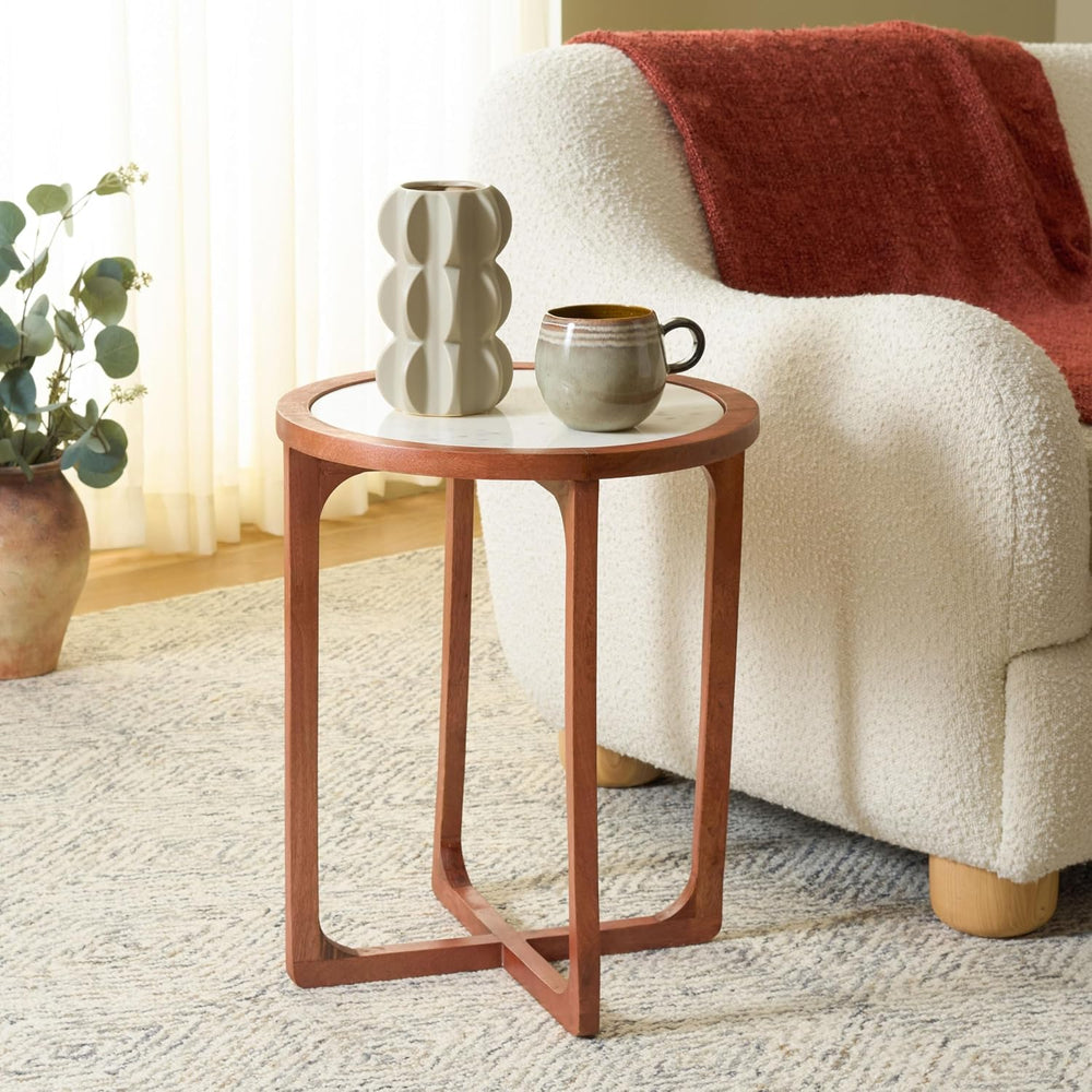 SAFAVIEH Home Collection – Minori Walnut Solid Wood & White Marble Round ...