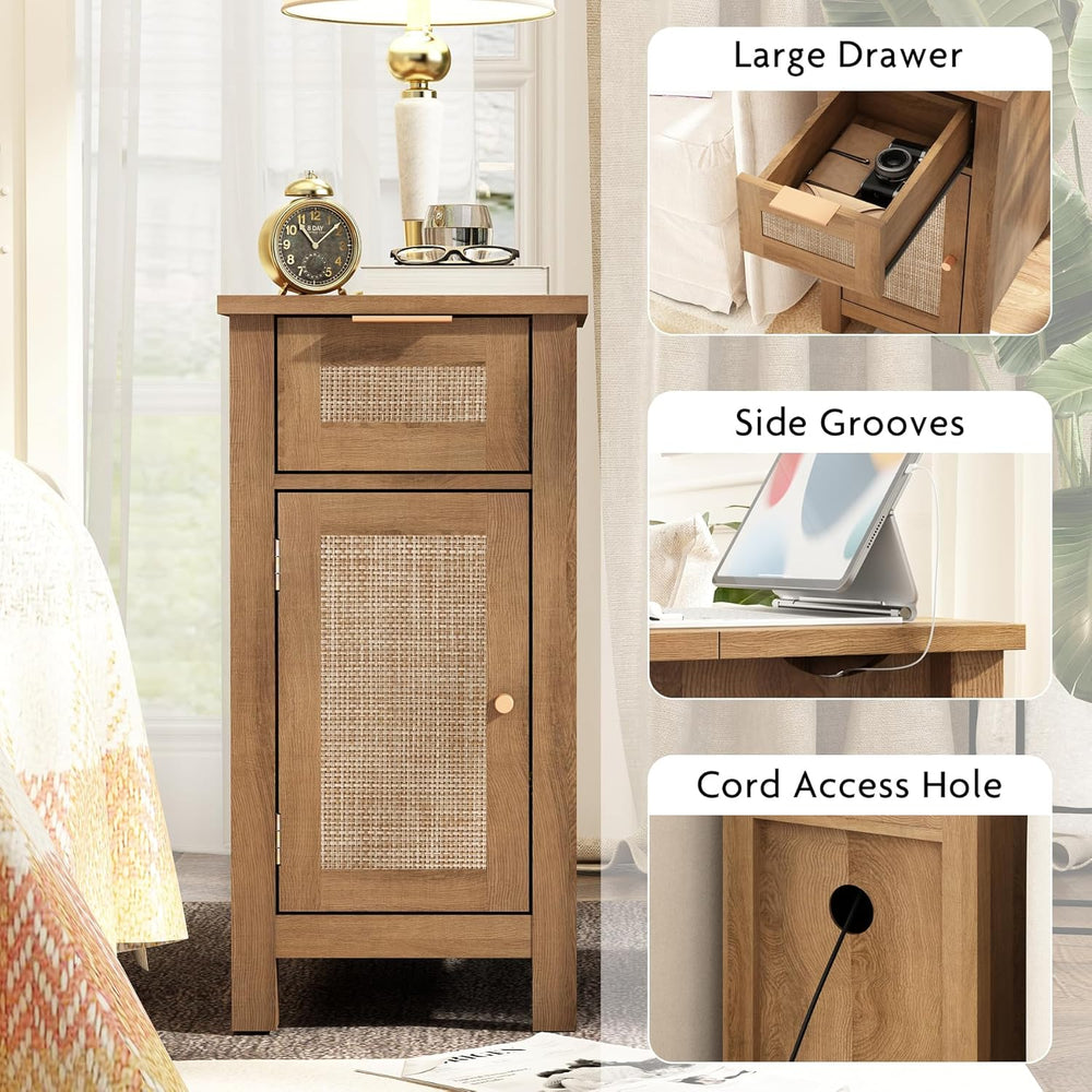 Narrow End Table with Charging Station - Midcentury Rattan Slim Side Table wi...