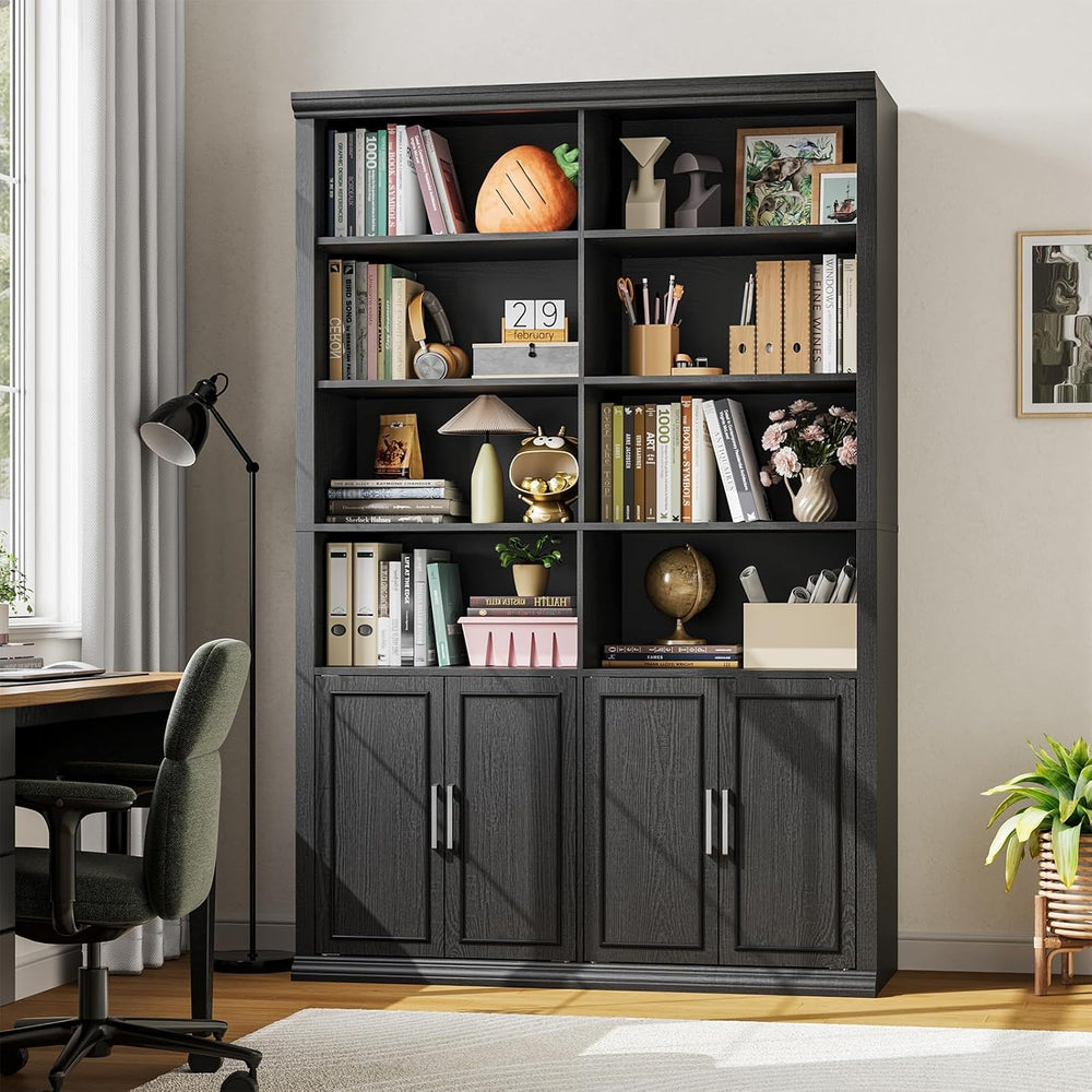 Rresyet 42" W x 72" H Double Bookcase with Doors, Black
