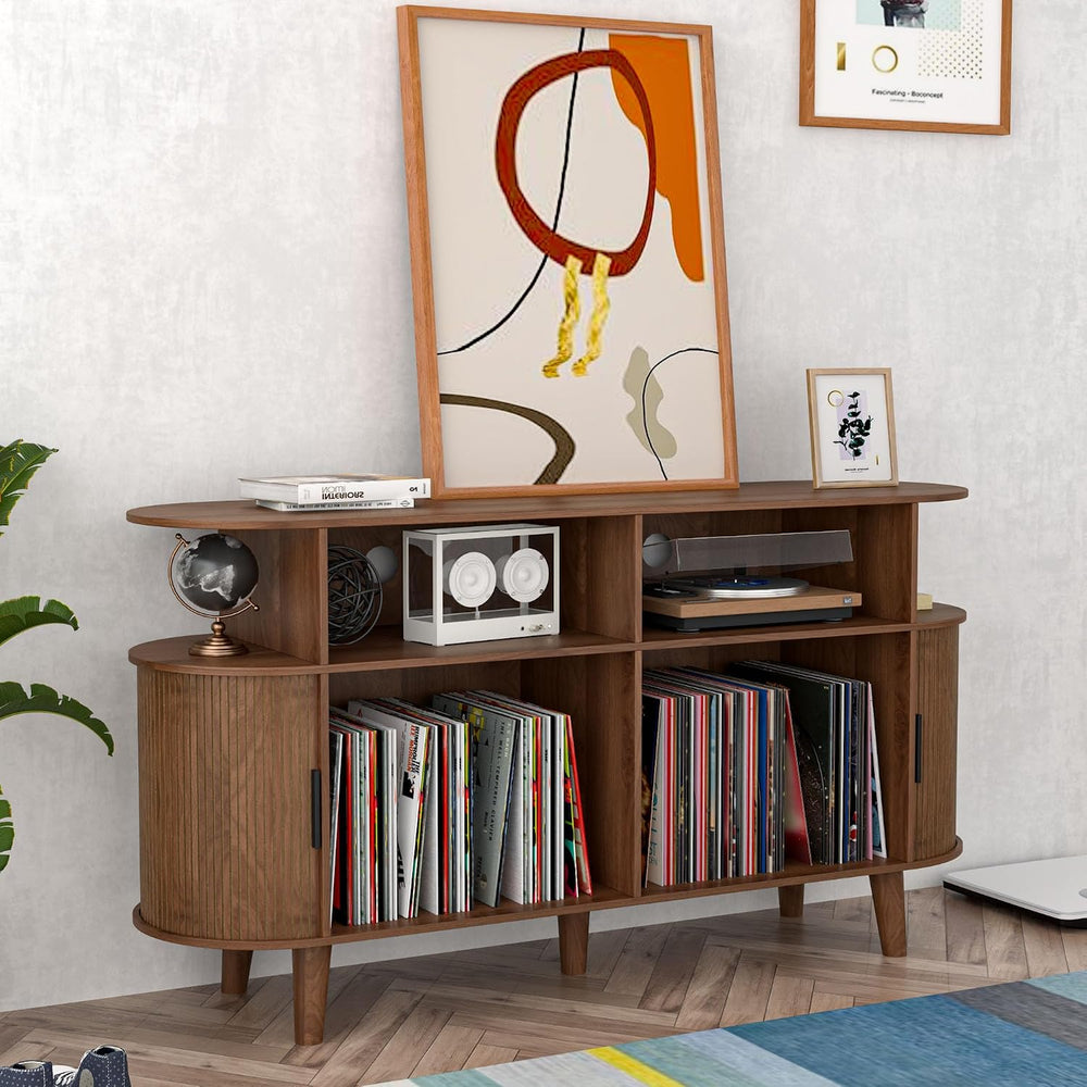 Large Walnut Record Player Stand with Charging Station, Mid-Century Turntable...
