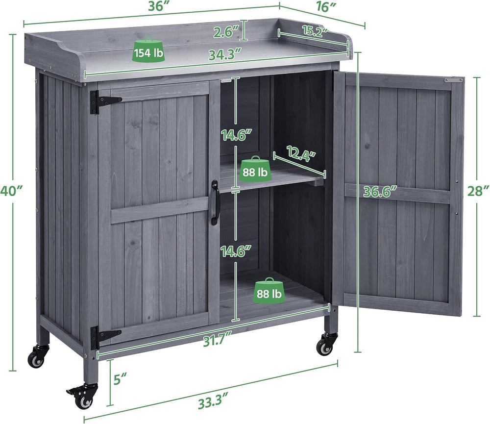Topeakmart Potting Bench for Outside with Storage Cabinet & Metal Top,Gray