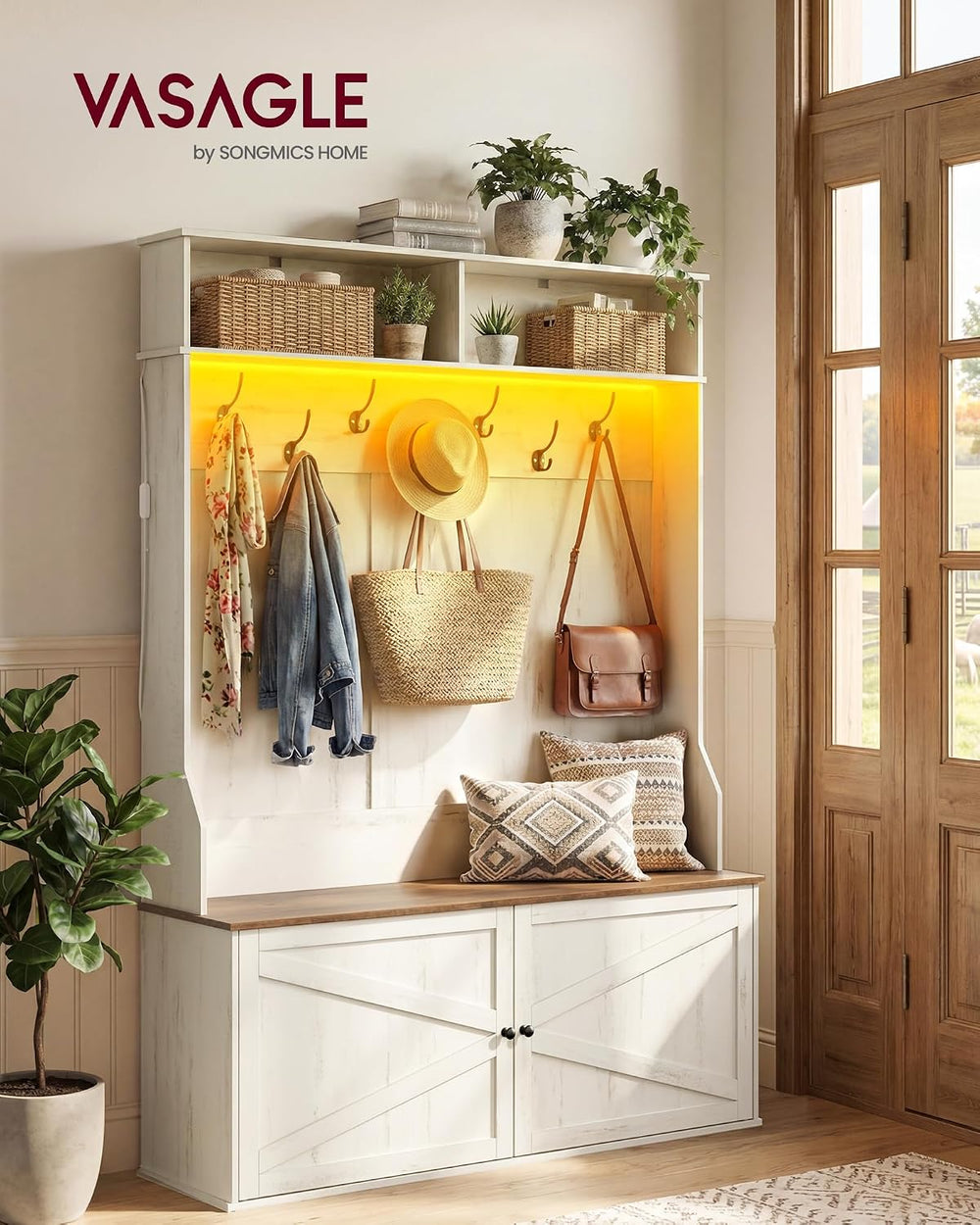 VASAGLE 5-in-1 Hall Tree with Bench and Shoe Storage, Adjustable LED Light