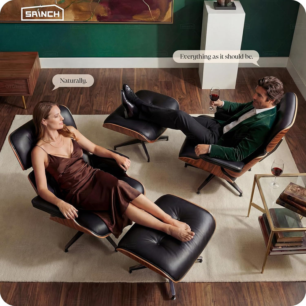 Mid Century Modern Top Grain Leather Chaise Lounge Chair & Ottoman