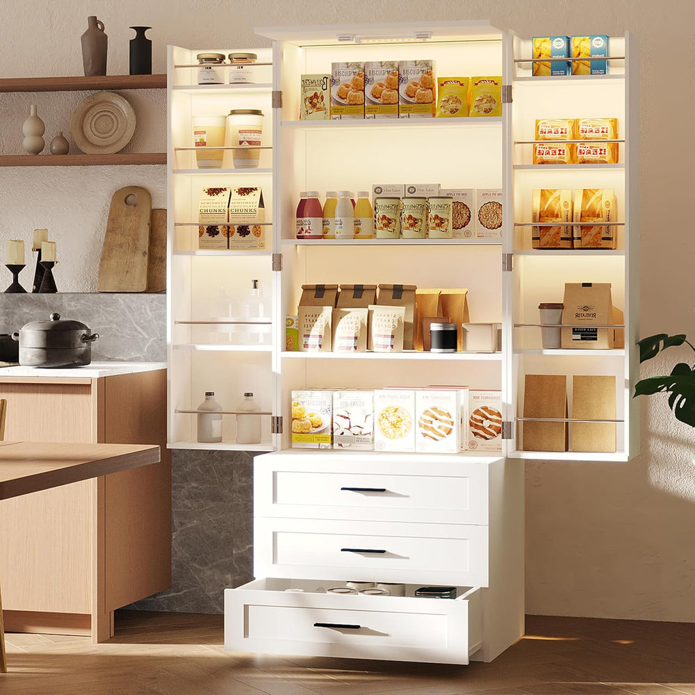 FJTJBSI 72" LED Kitchen Pantry Cabinet with 3 Drawers Farmhouse Tall Sto...