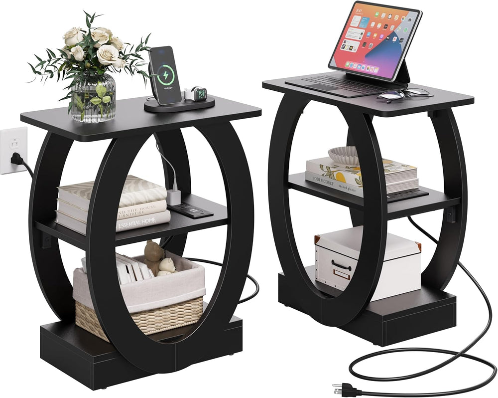 End Table Set of 2 with Charging Station, Black Side Table with USB Ports and...