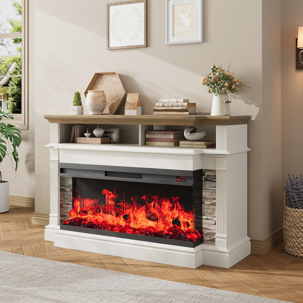 QUW Fireplace TV Stand for TVs up to 65", Farmhouse 52" Fireplace E...