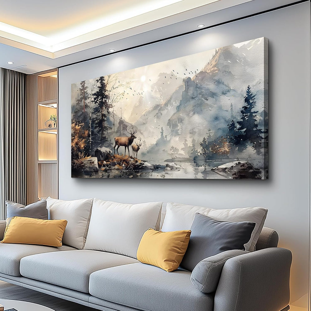 FUHAIHUA Canvas Wall Art for Living Room, Mountain Forest Deer Landscape 20x4...
