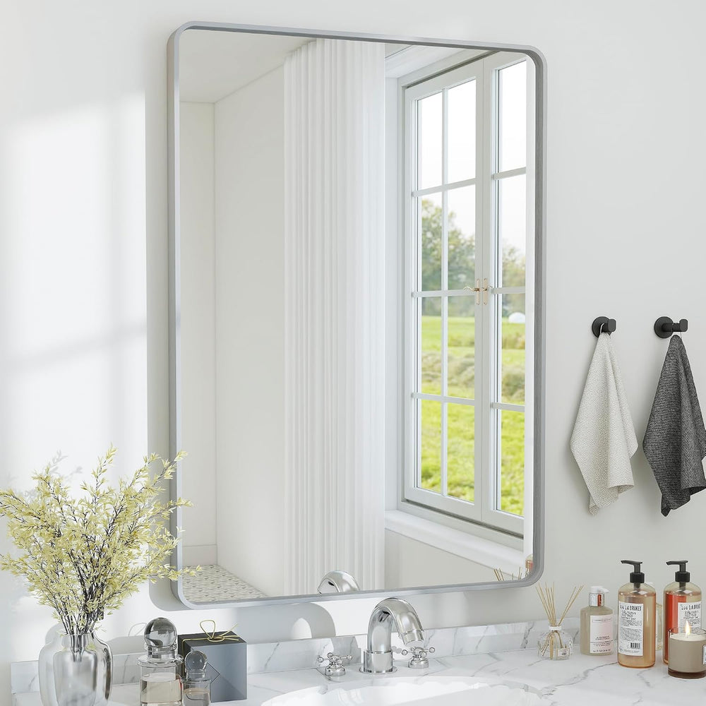 36x24 Bathroom Mirror Rect Wall Mounted Aluminum Metal Frame Silver