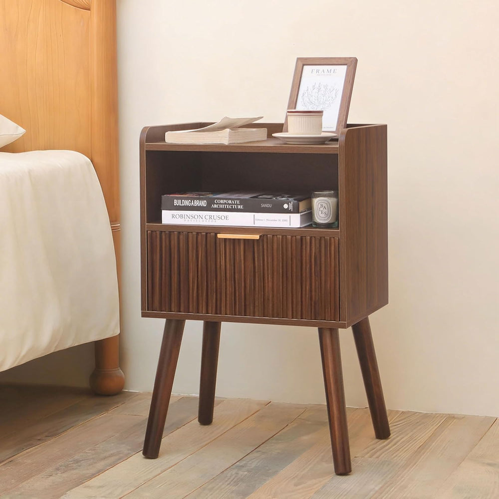 Night Stand, Mid Century Modern Nightstand with Fluted Drawers and Open Shelf...