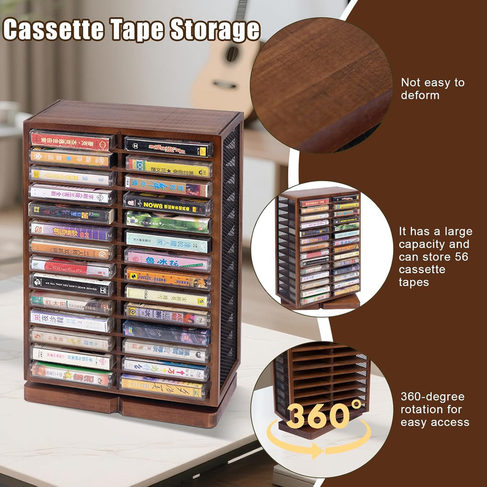WodGod Cassette Tape Storage Box, Wood Cassette Rack, Wooden Cassette Tape Ho...