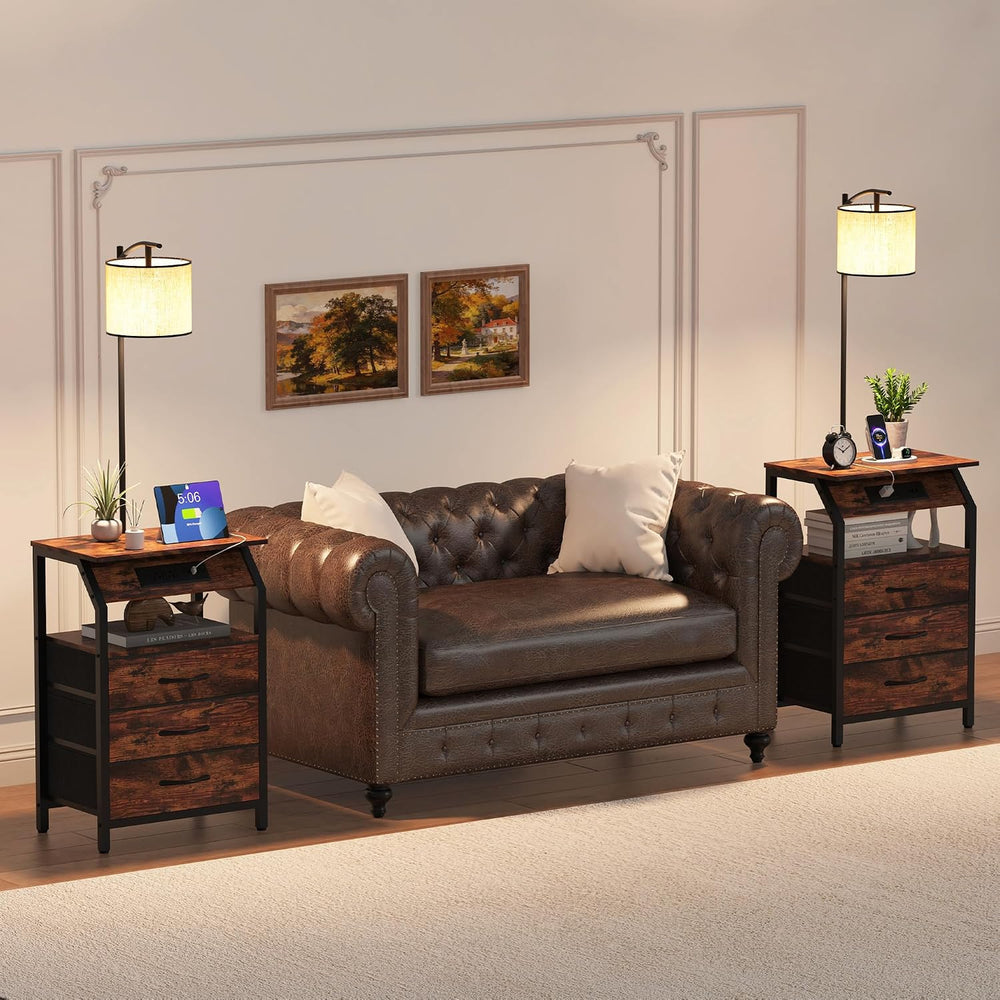 End Table with Floor Lamp Set of 2, Nightstand with Charging Station, Floor L...