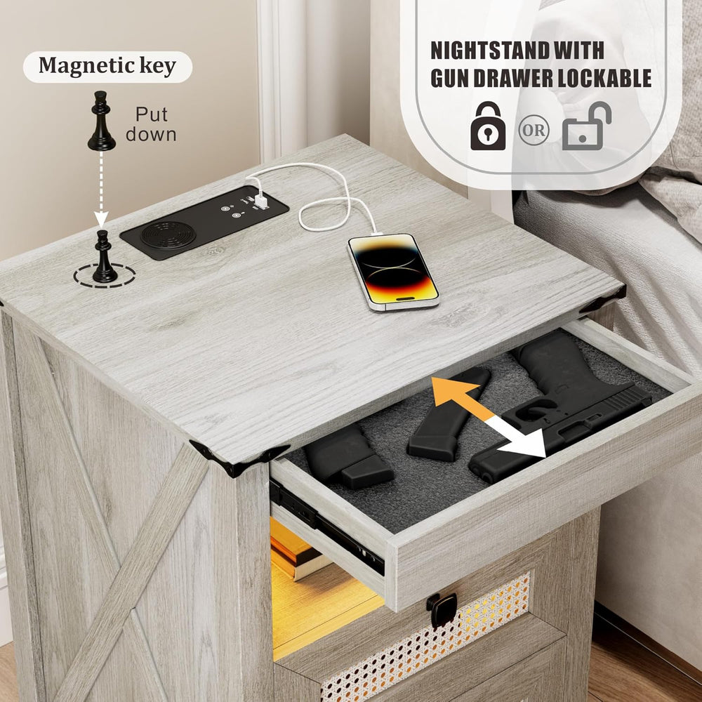 Night Stand with Gun Drawer, Bedside Table with Charger Station & LED Hum...