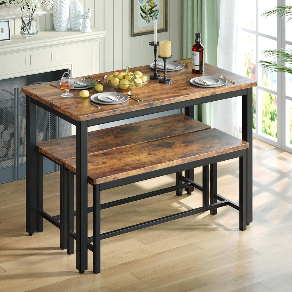 Tatub Dining Table Set for 4, 3-Piece Kitchen Table with 2 Benches, Space-Sav...