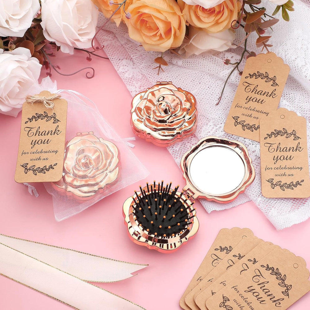Teenyyou 50 Sets Rose Compact Mirrors Brush Bulk Quinceanera Party Favors