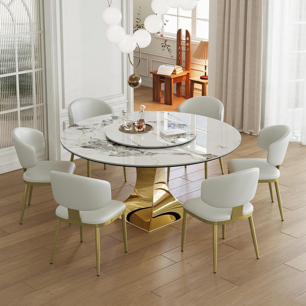 7-Piece Round Dining Table Set, Sintered Stone Faux Marble Dining Table with ...