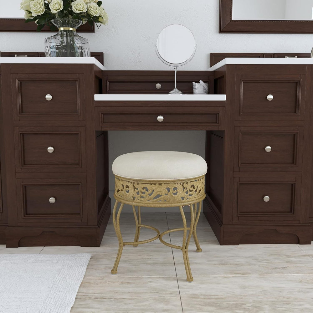 Hillsdale Villa III Backless Metal Vanity Stool with Ornate Lattice Detailing...