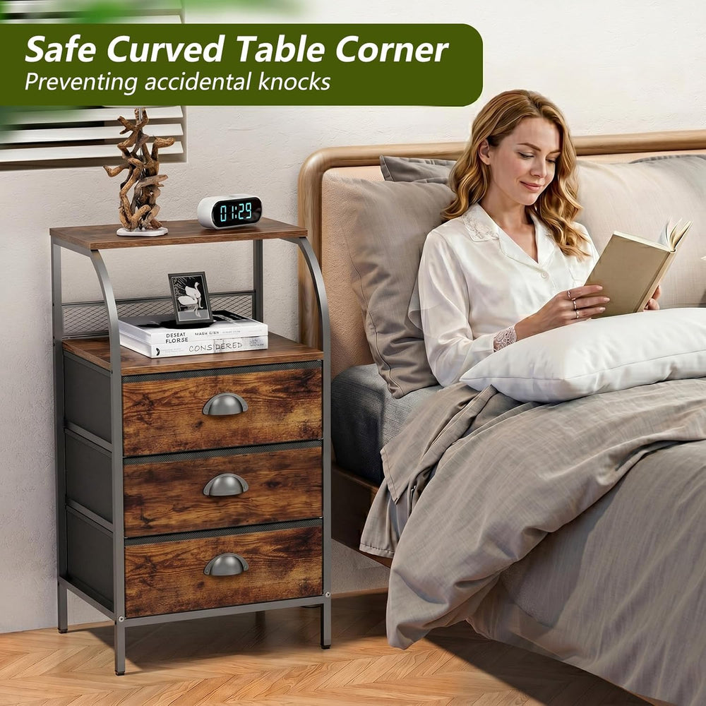Night Stand Set 2, Tall Nightstand with 3 Fabric Drawers, Bedside Table with ...