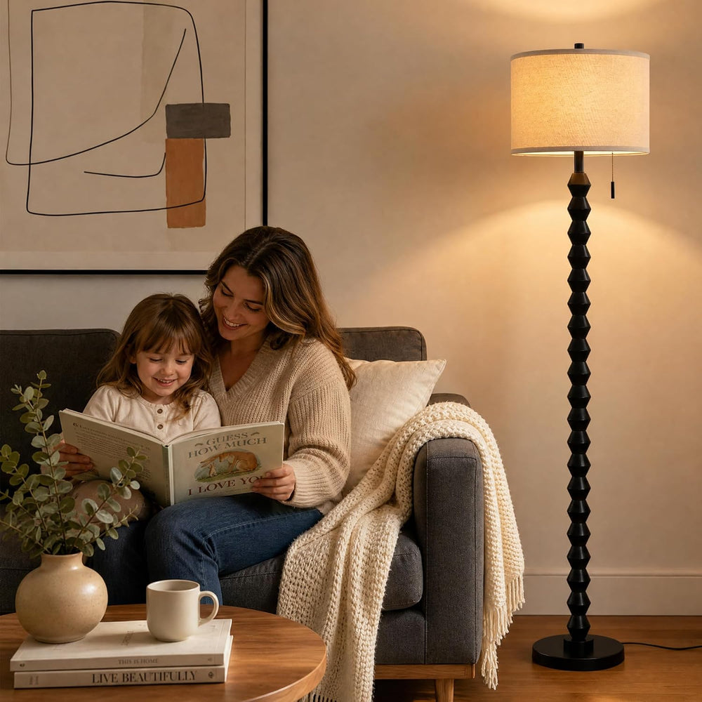 65" Black Solid Wood Modern Floor Lamp with Pull Chain Switch
