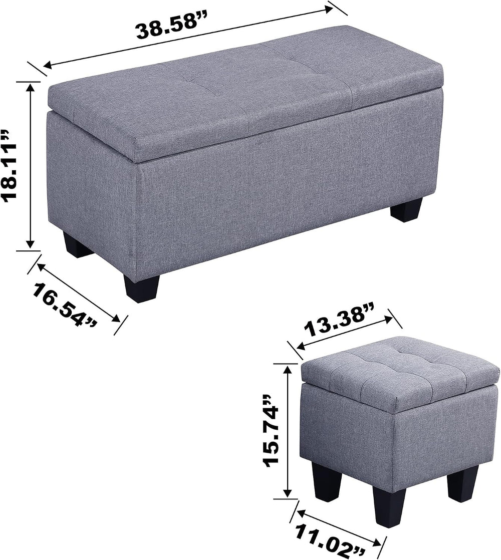 38'' Hinged Storage Ottoman w/Small Foot Stools, Set of 3, Grey