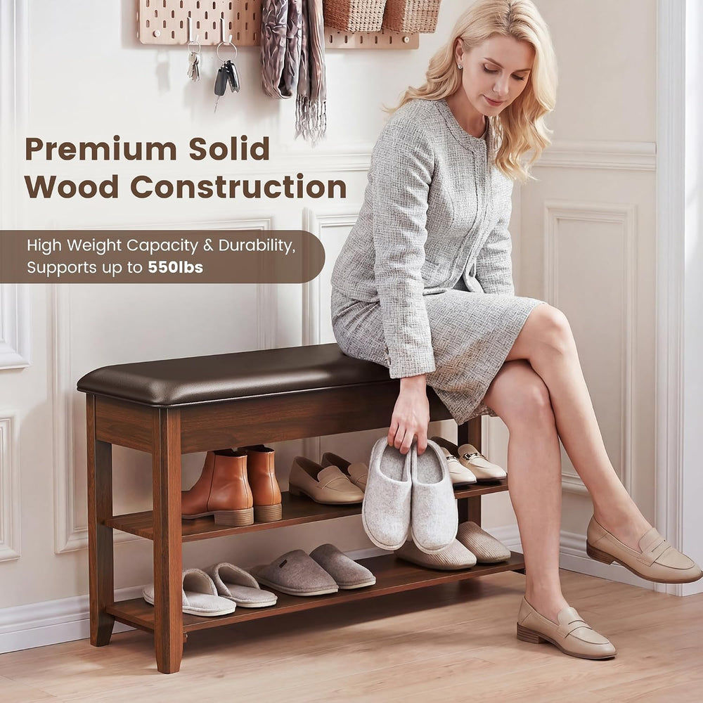LBT Shoe Bench with Storage, Solid Rubberwood Shoe Rack Bench for Entryway | ...