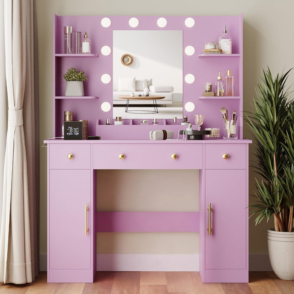 Wodeer Makeup Vanity Desk with Mirror and Lights, 43" Purple Vanity Set ...