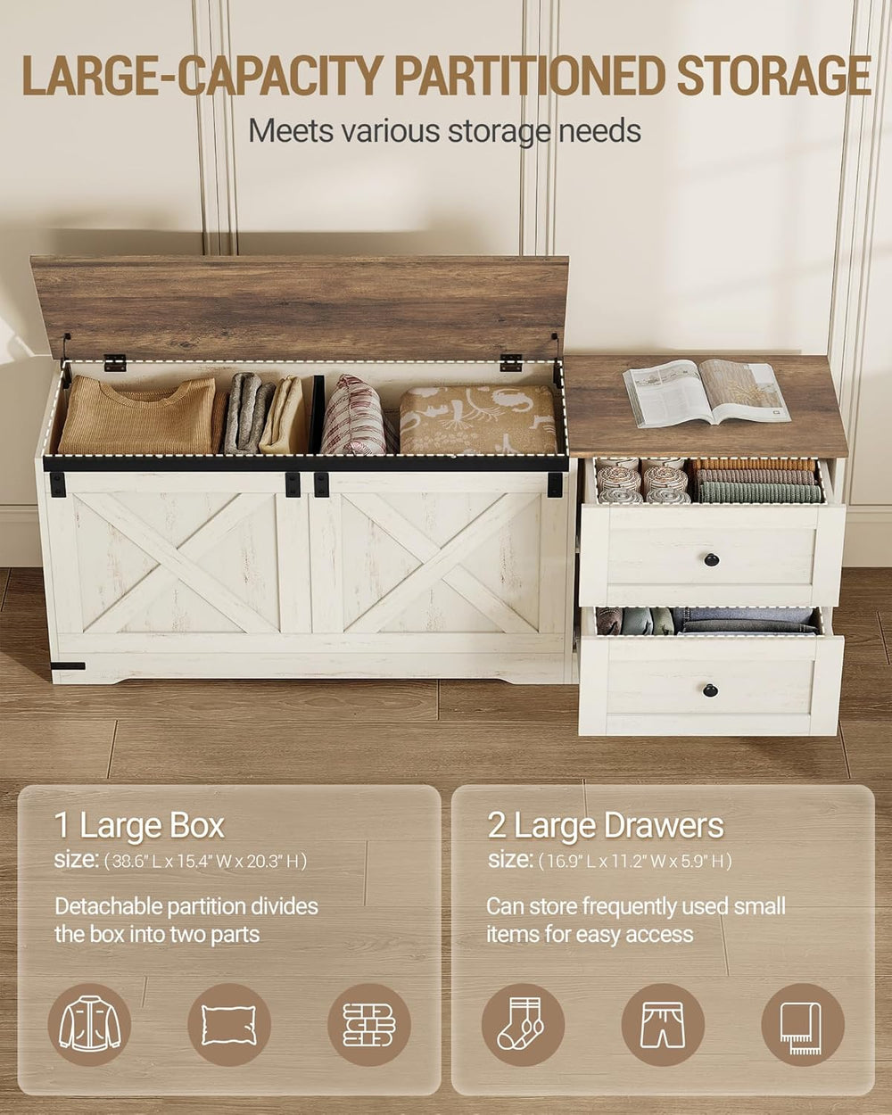 Hzuaneri Storage Chest, 58" Extra Large Storage Bench with Double Drawer...