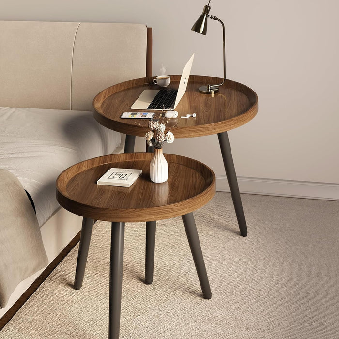 2PCS Small Round Coffee Table Set, Walnut Mid Century Modern Nesting Tables | Easy Assembly Coffee Tables for Small Spaces, Circle Wood Center Table for Living Room, Black Side/End Table Set of 2, Brown