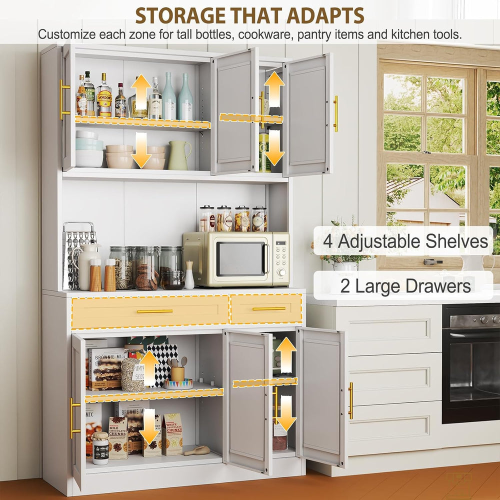 71" Metal Kitchen Pantry Cabinet with Countertop, 2 Drawers, 6 Doors, Wh...