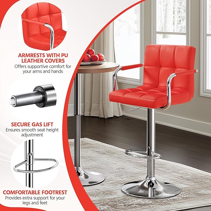 Yaheetech Bar Stools Set of 2, PU Leather Adjustable Swivel Barstools, Hydrau...