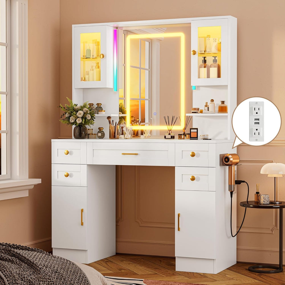 NUNU LAB White Vanity Desk with Sliding Mirror and Lights | Women Makeup Vani...