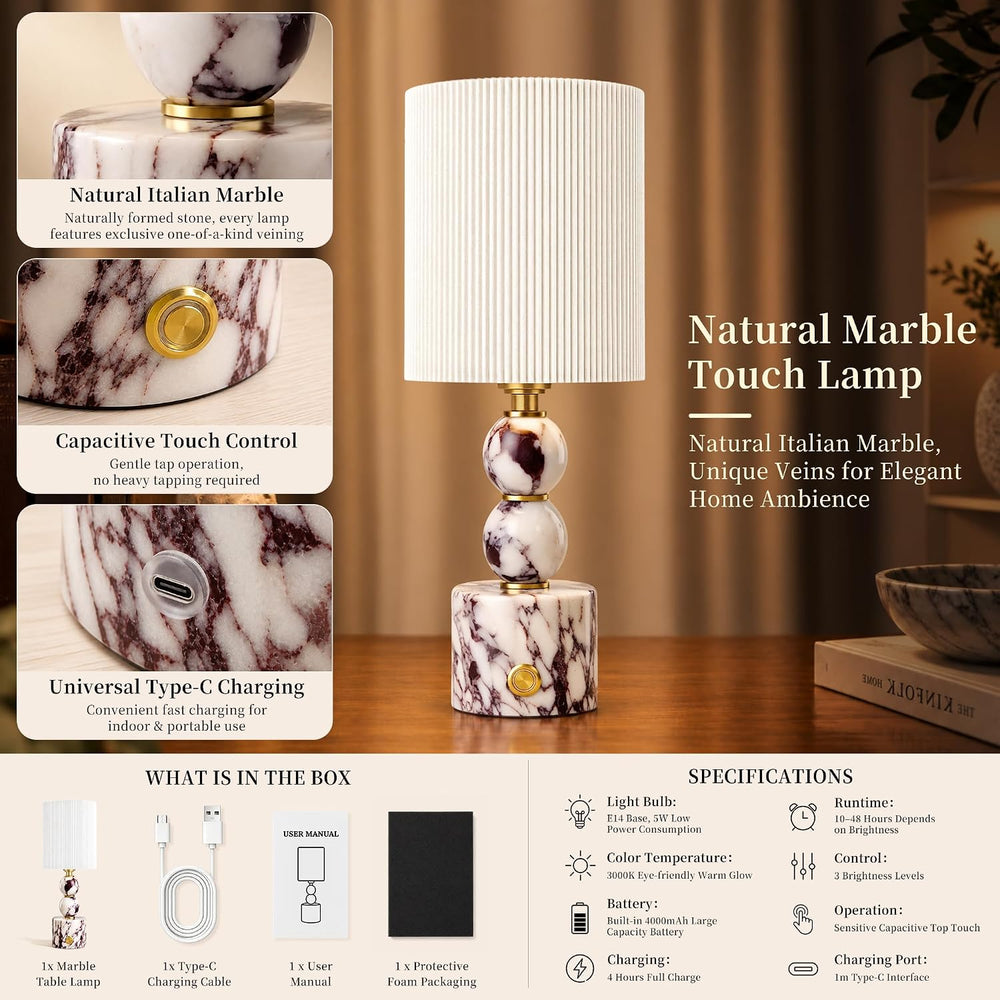 AOPO Marble Table Lamp Calacatta Natural Cordless lamp, Home Decor, 14.4"