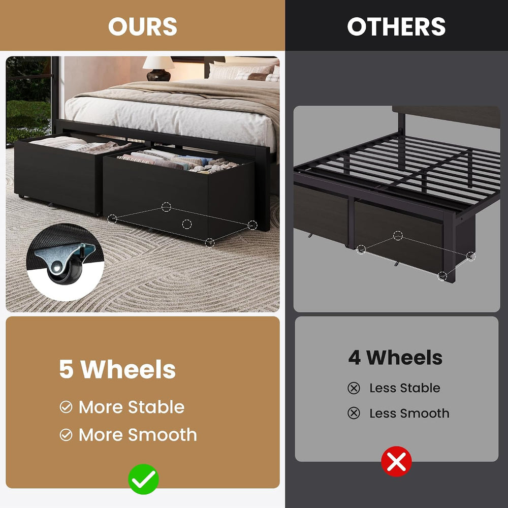 SHA CERLIN Queen Led Bed Frame, 2 Storage Drawers, Charging Station, Black