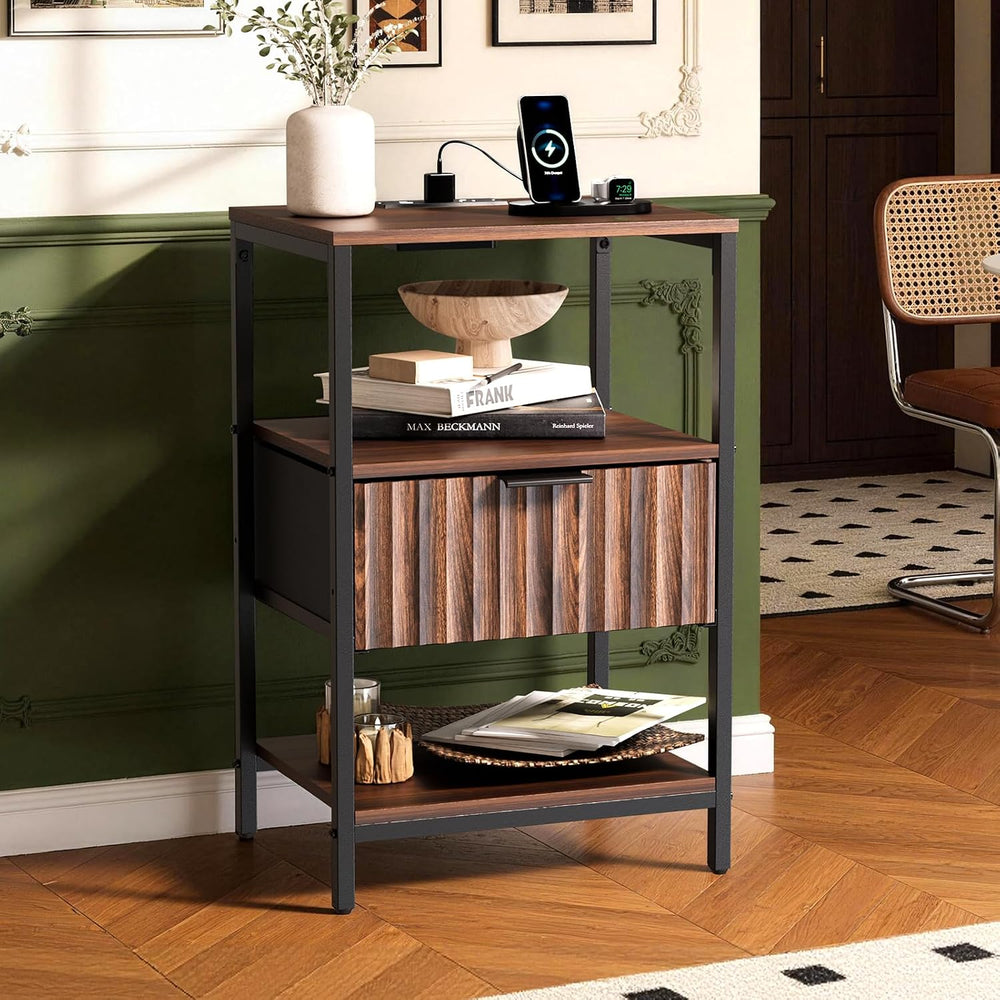 Bonnlo Fluted Nightstand Set of 2, End Table with Fabric Drawer with Charging...
